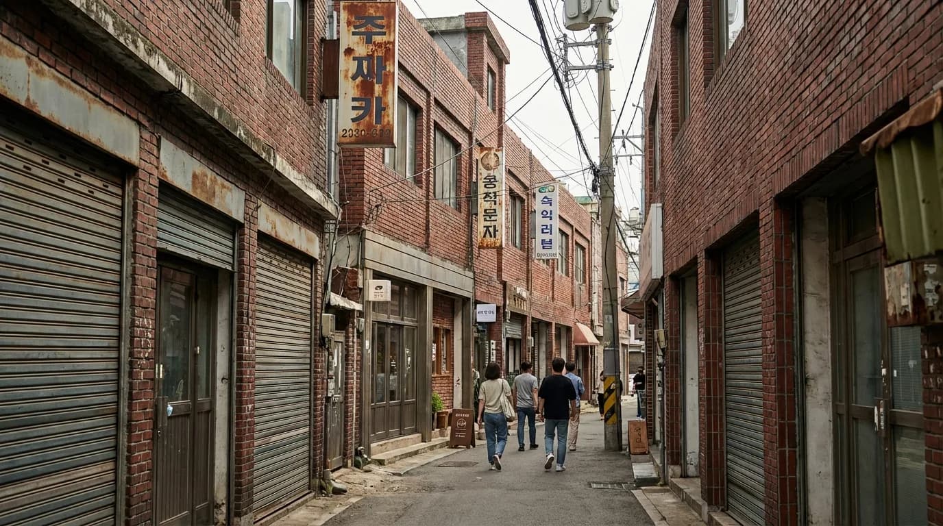 성수동 붉은 벽돌 건물과 빈티지한 산업 거리 풍경이 이어지는 골목 장면