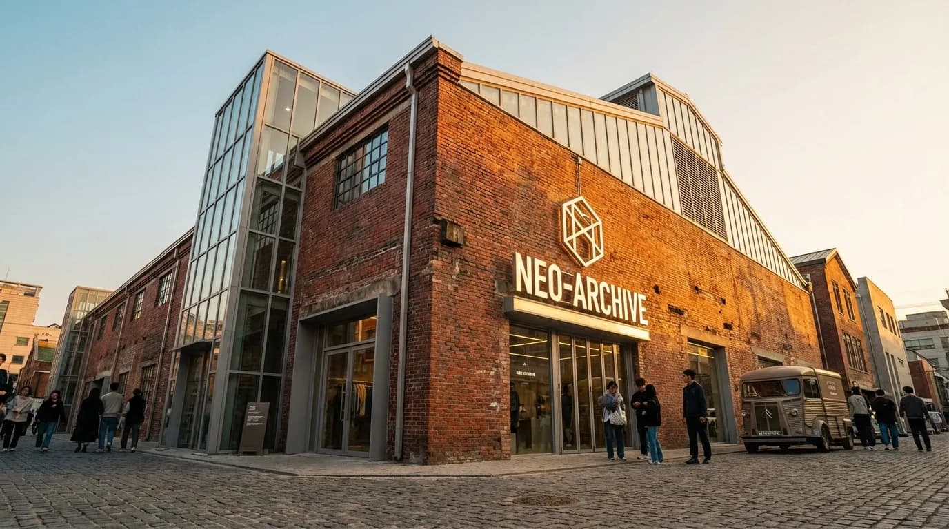 성수동 산업적 외관 위에 현대적 브랜드 디자인이 얹힌 팝업 스토어 건물 전면