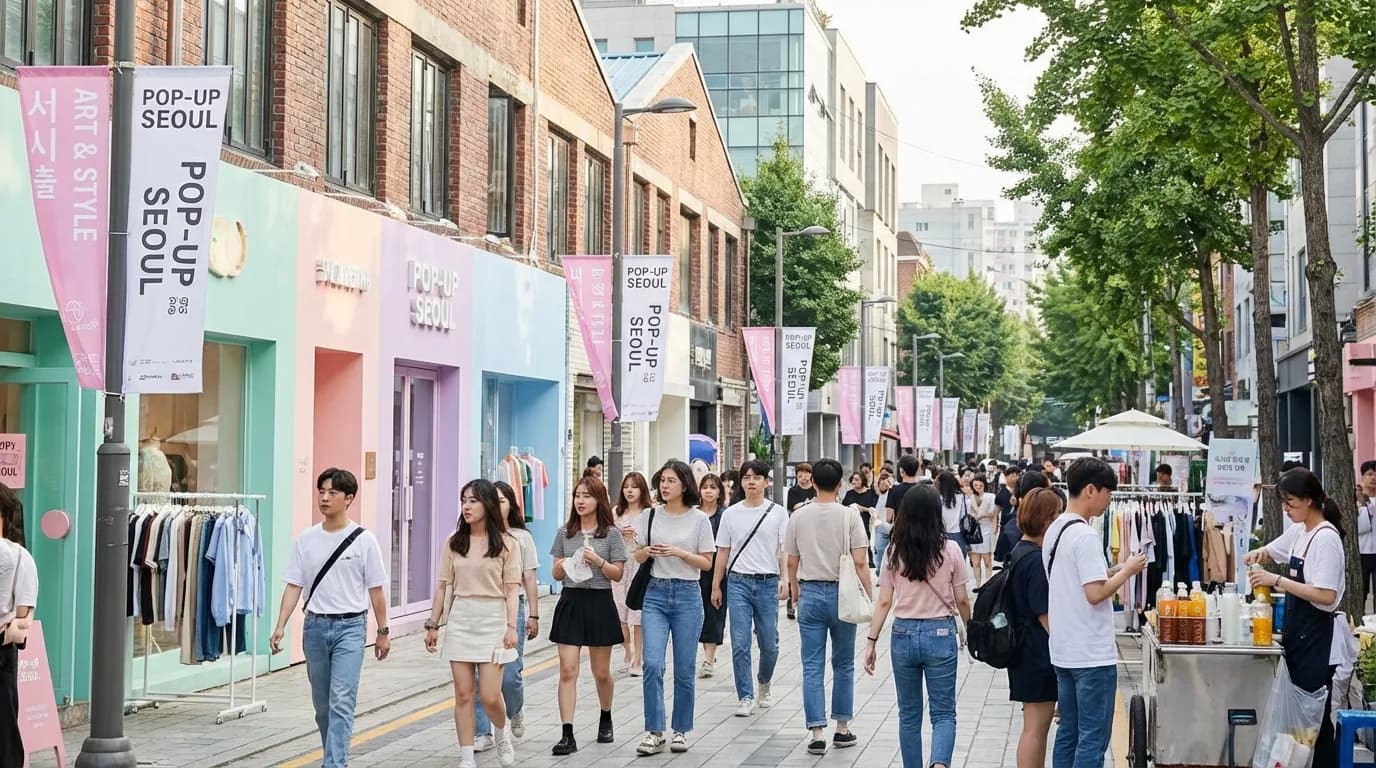 성수동 팝업 스토어 거리에 브랜드 공간과 방문객 흐름이 이어지는 메인 거리 전경