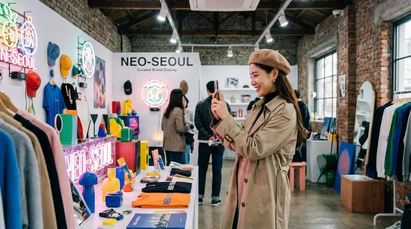 Visitor photographing a brand exhibition inside a Seongsu pop-up store