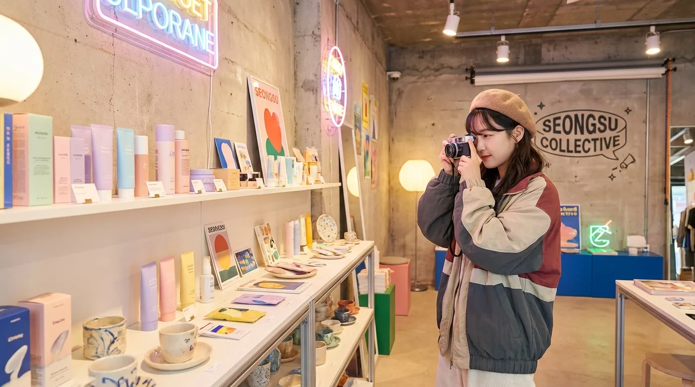 성수동 팝업 스토어 내부 전시를 둘러보며 사진을 남기는 방문객들