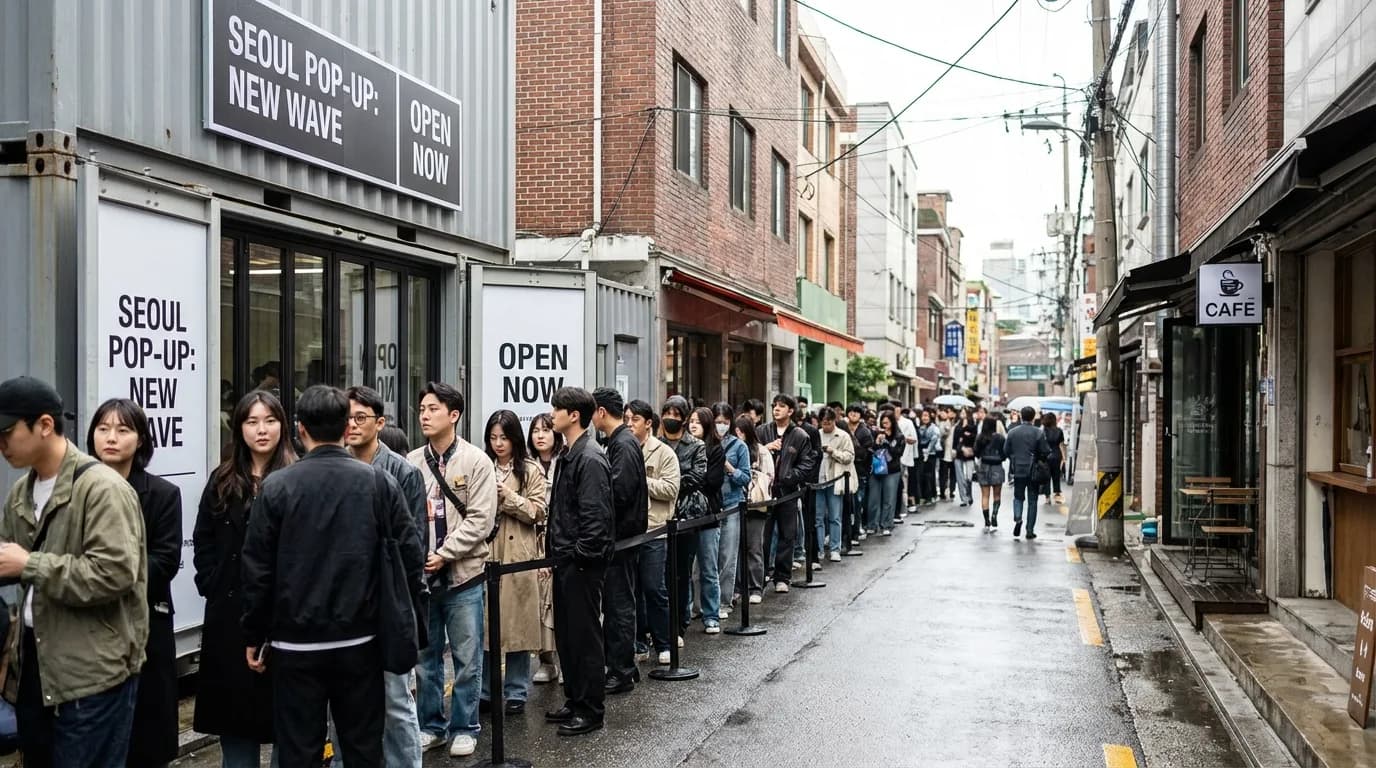 성수동 인기 팝업 스토어 앞에 주말 대기 줄이 길게 늘어선 장면