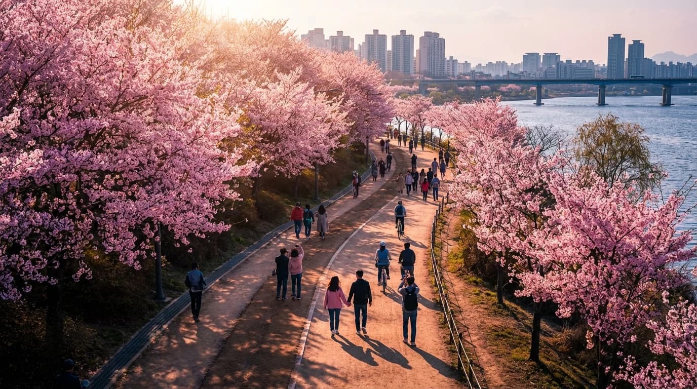Seoul blossom walking route with a steady trail rhythm and layered spring color