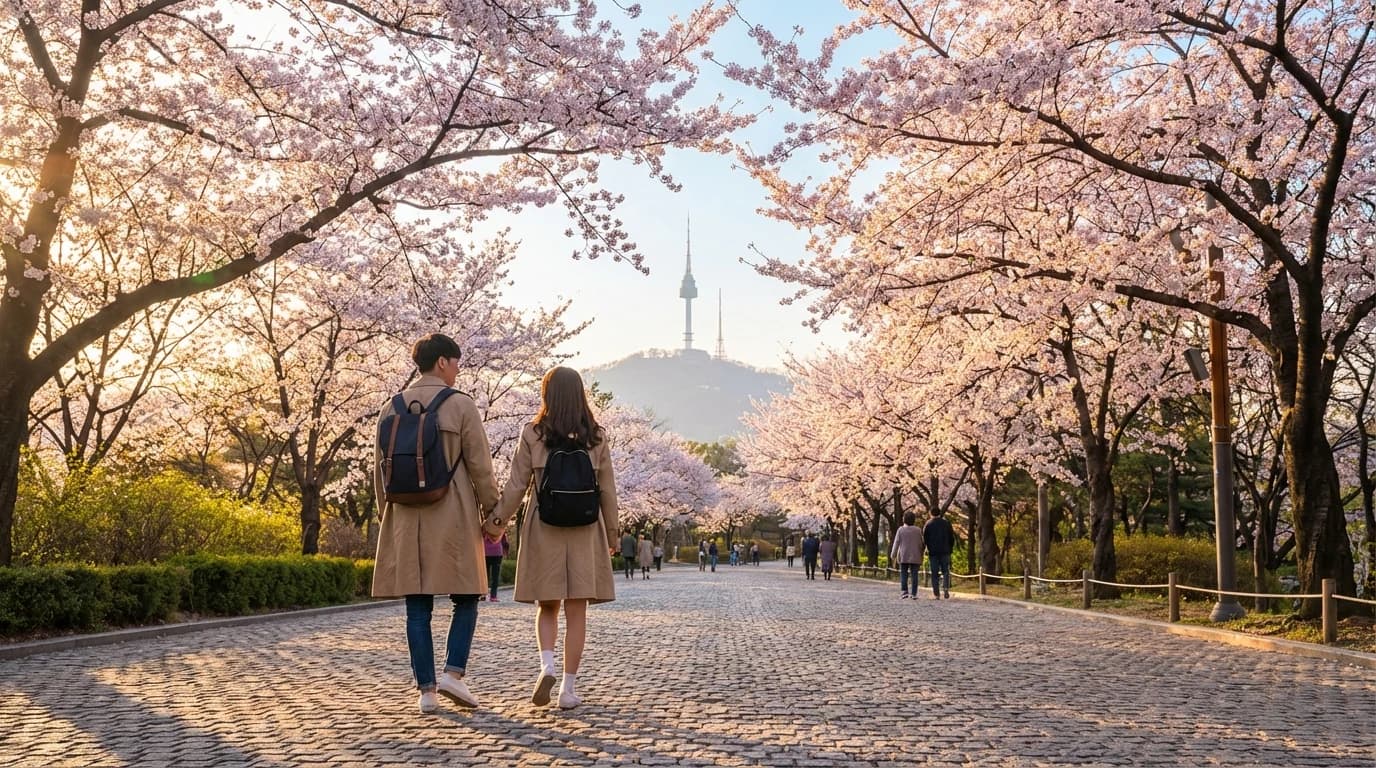 Spring blossom route in Seoul with N Seoul Tower rising behind the trees