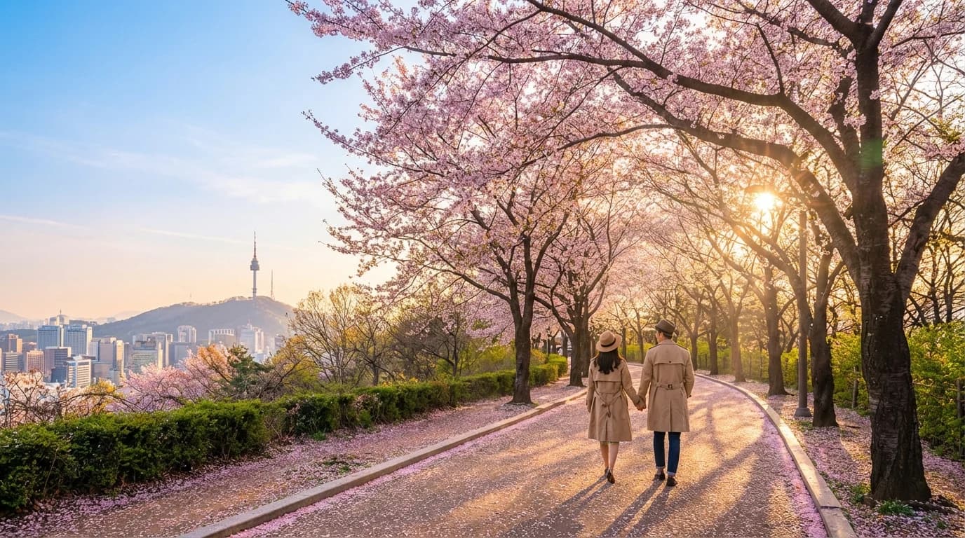 벚꽃 산책로 너머로 N서울타워가 보이는 서울 봄 포토존 풍경