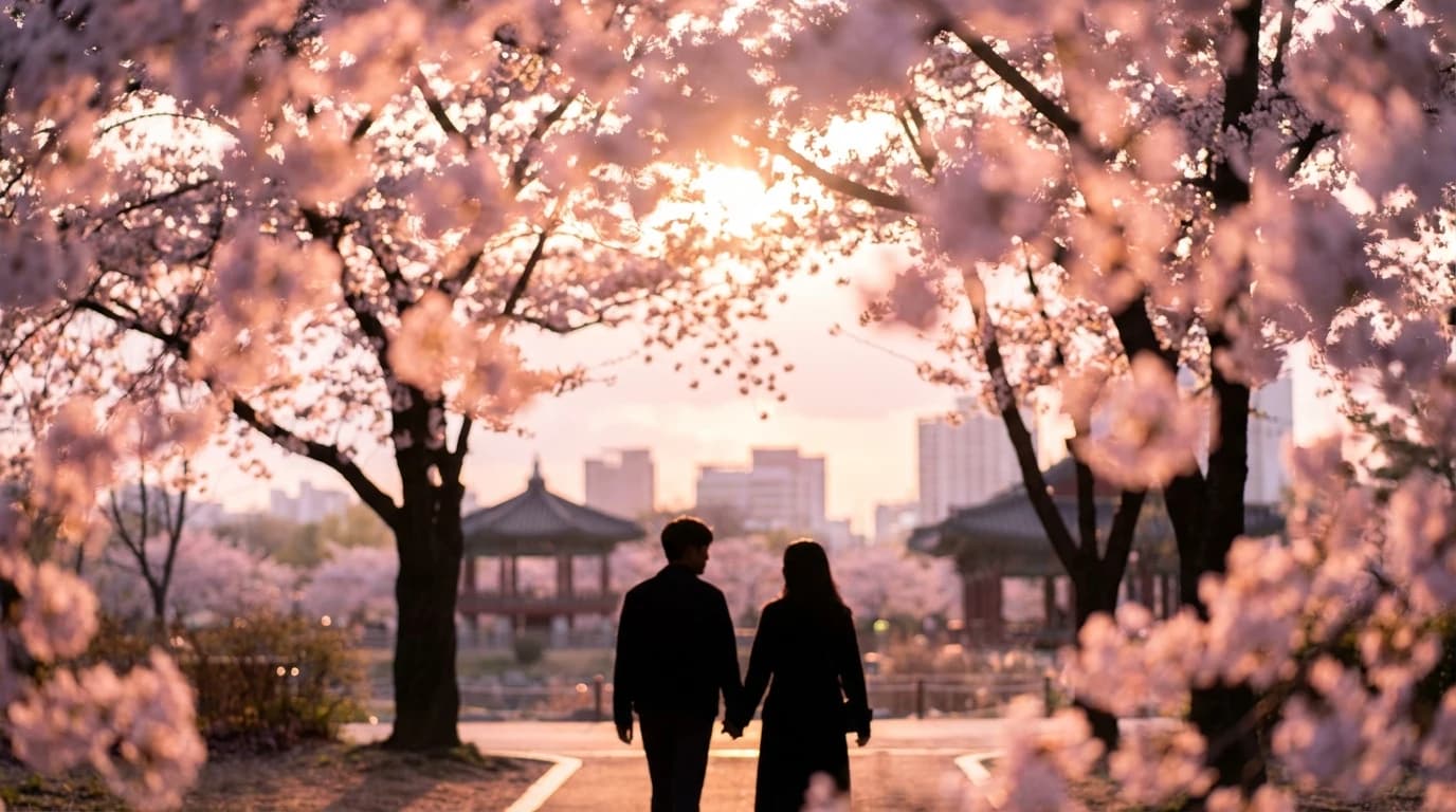 Couple photo scene under Seoul cherry blossoms with the spring path still visible
