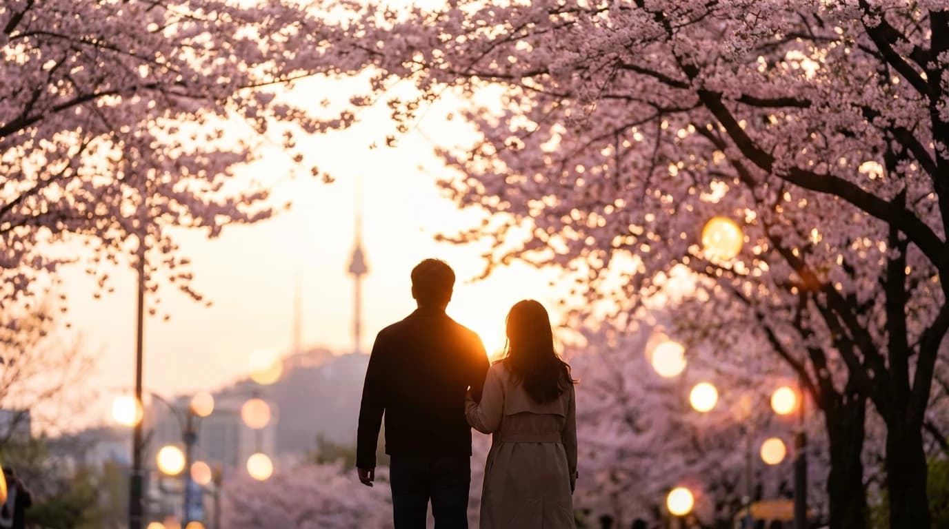 벚꽃 아래 두 사람의 거리감이 자연스럽게 살아나는 서울 봄 데이트 스냅