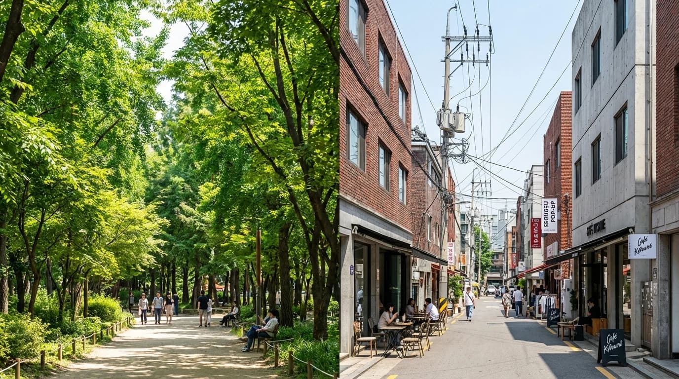 Route mood shifting from Seoul Forest park space toward the street texture of nearby Seongsu