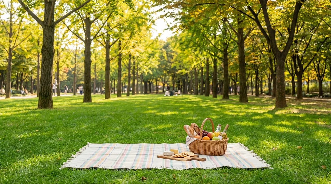 Seoul Forest picnic area with open grass, tree cover, and room to settle in comfortably