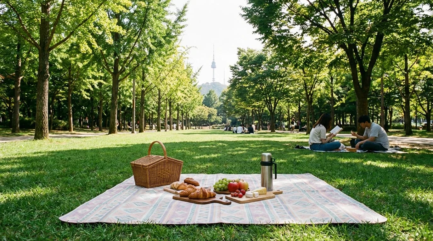 잔디와 나무 사이에 여유 있게 자리 잡기 좋은 서울숲 피크닉 구역