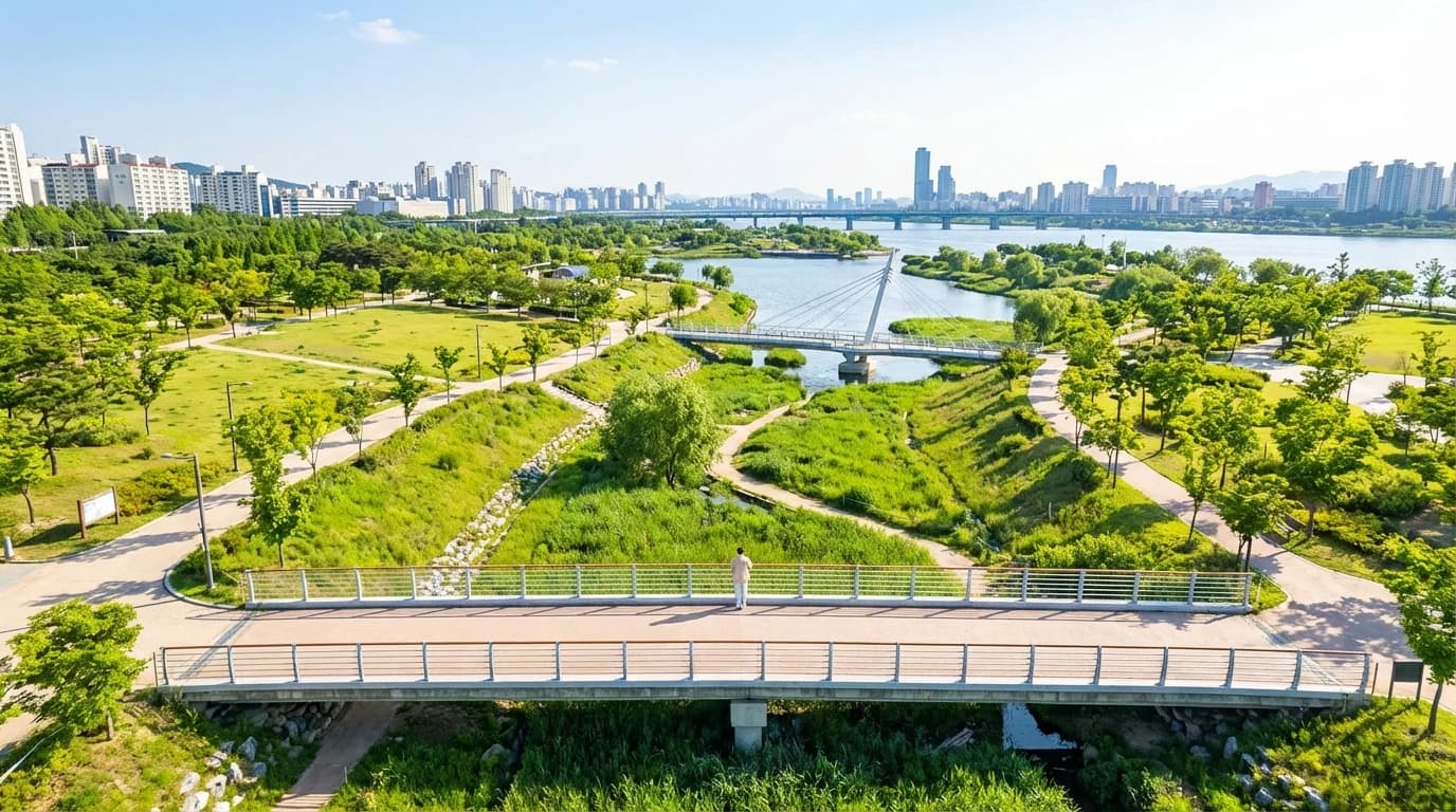 Walking photo frame in Seoul Forest emphasizing open park space and natural distance