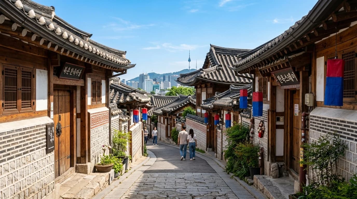 Traditional Bukchon rooflines and uphill alley depth shaping a clear hanok photo frame in Seoul