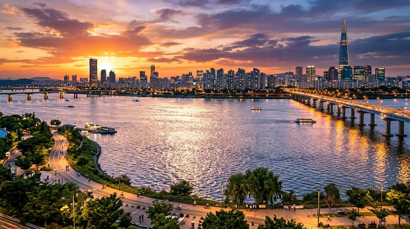 Han River park at sunset with open water, skyline light, and a wider Seoul outdoor photo mood