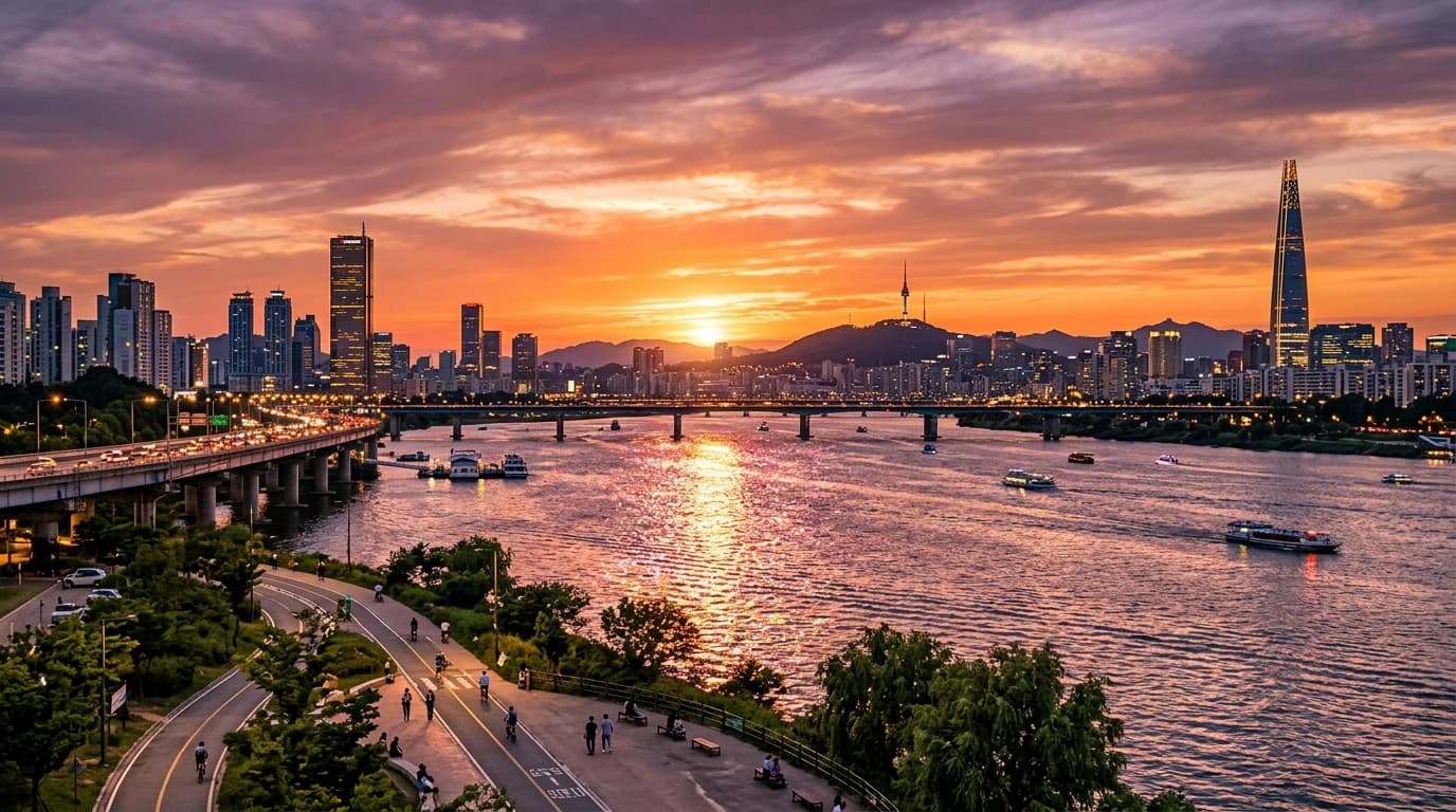 노을빛이 한강 수면과 시민공원 산책로에 번지는 서울 자연형 포토존 장면