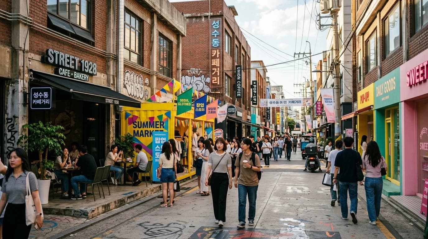 Seongsu street with cafe fronts and pop-up storefronts showing a cleaner trend-driven Seoul mood