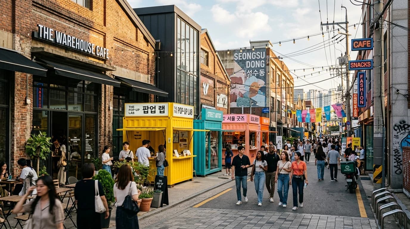 팝업 스토어와 카페 입면이 이어지는 성수동 거리의 현재적인 서울 감성 스팟