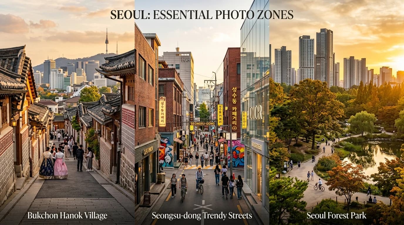 A Seoul photo guide scene combining Bukchon rooftops, Seongsu street energy, and open green park rhythm