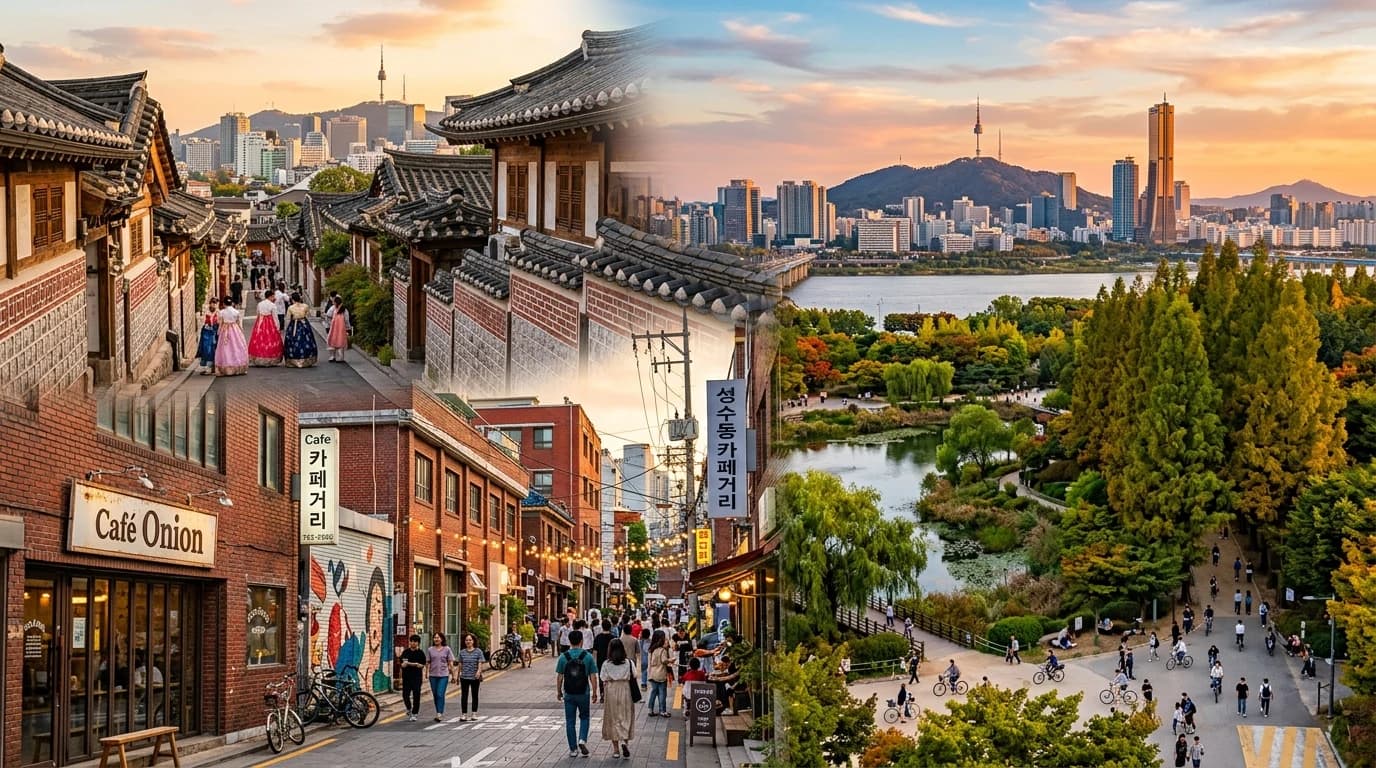 북촌 한옥 지붕선과 성수 거리 분위기, 서울숲 녹지가 함께 겹치는 서울 포토존 가이드 대표 장면