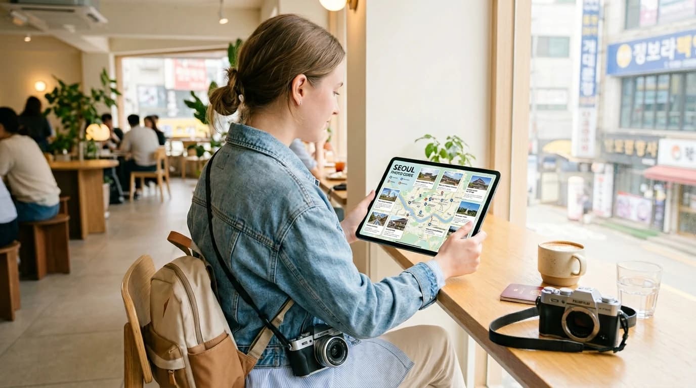 Traveler checking a Seoul photo map before choosing a first neighborhood route for the trip