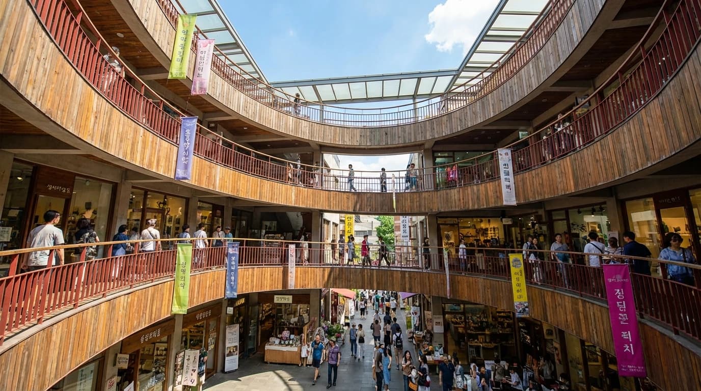 Ssamziegil's spiral architecture and open-air courtyard showing a clear Ssamziegil photo spot in Insadong