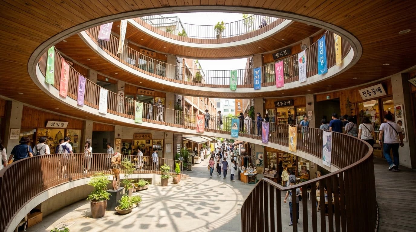 인사동 쌈지길의 나선형 건축 구조와 오픈 에어 중정이 보이는 쌈지길 사진 포인트