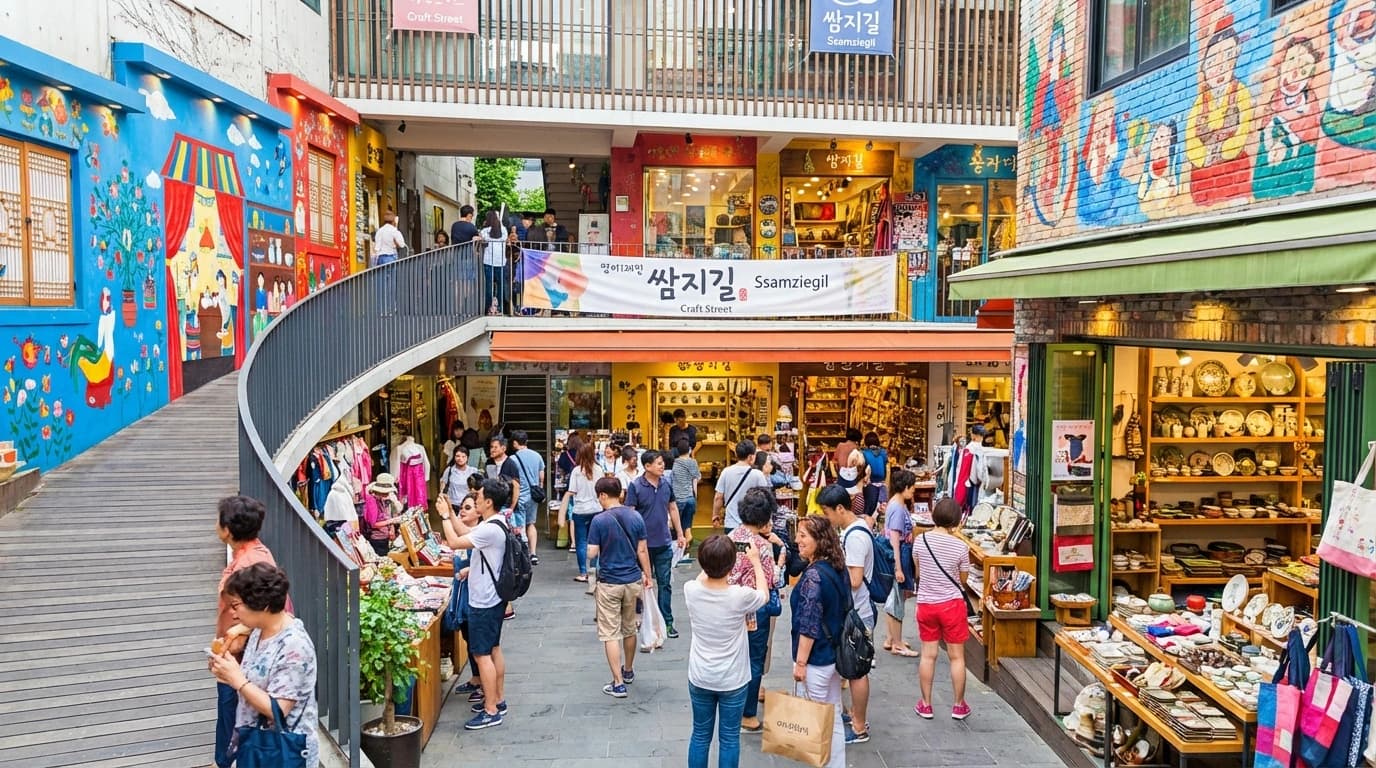 The first-floor entrance at Ssamziegil with shop displays and a busy Insadong entrance view