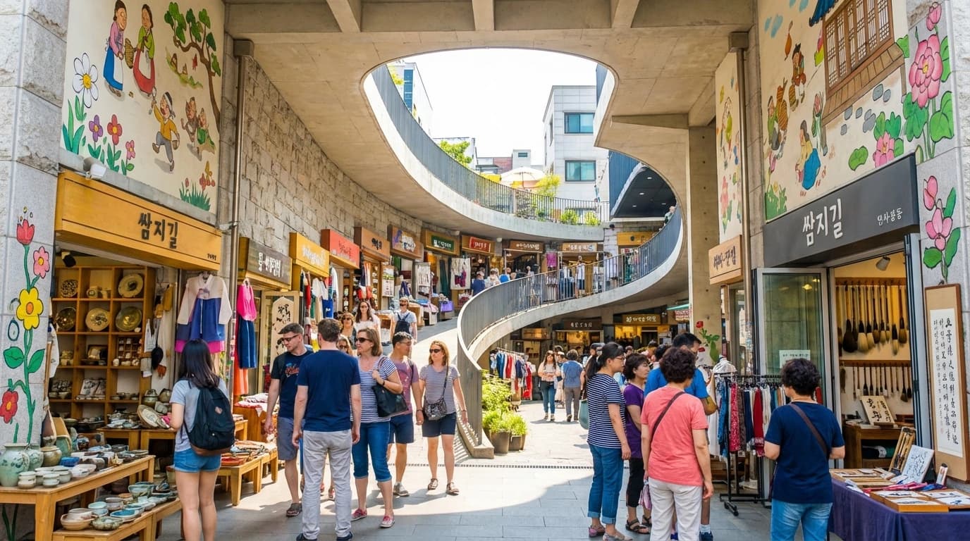 쌈지길 1층 입구의 상점가와 공예 진열이 함께 보이는 인사동 볼거리 장면