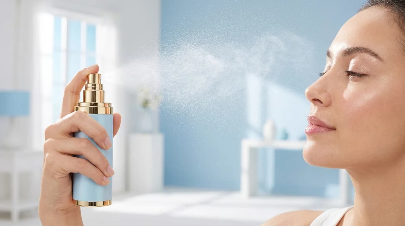 얼굴 위로 픽서를 가볍게 분사하는 픽서 사용법 고정 단계