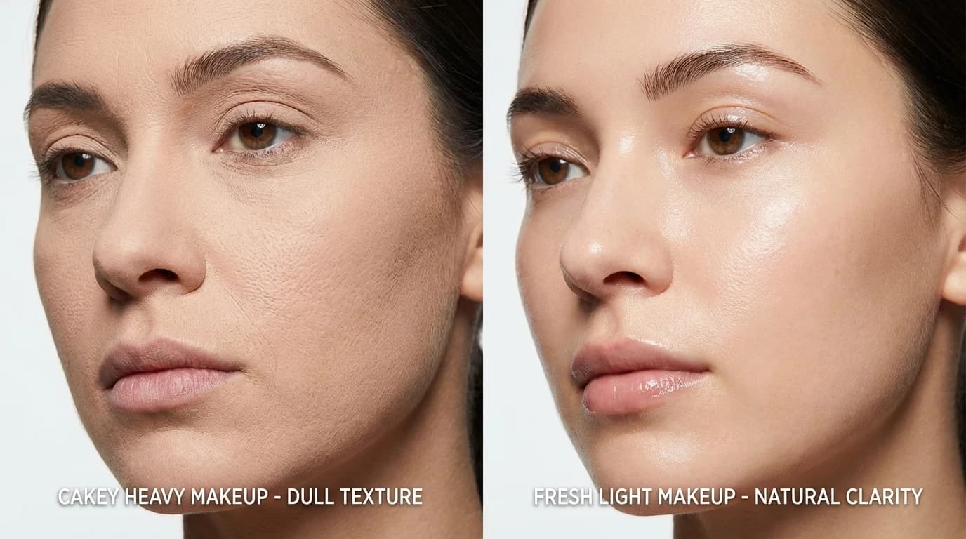 텁텁한 두꺼운 화장과 맑은 피부 표현을 비교한 여름 메이크업 장면