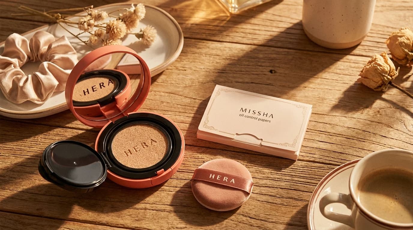 쿠션 팩트와 기름종이를 나란히 둔 여름 유분 관리 수정 메이크업 아이템