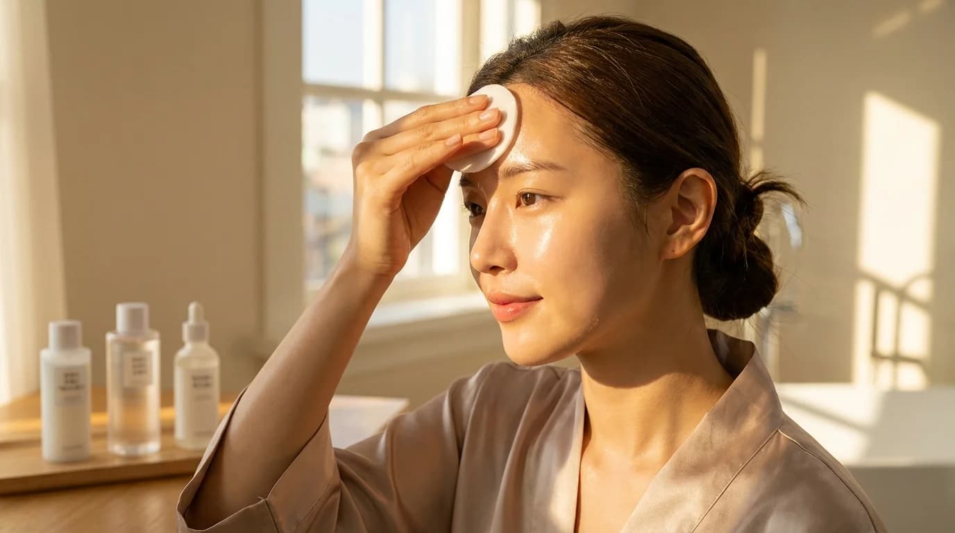 올바른 닦토 사용법, 피부 결 정돈을 위한 저자극 토너패드 사용 장면