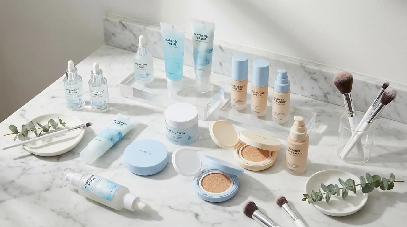 Hydrating skincare and base makeup products arranged for a dry skin base