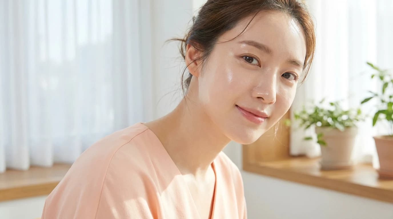 Close-up of glowing hydrated skin for a winter K-beauty base makeup look