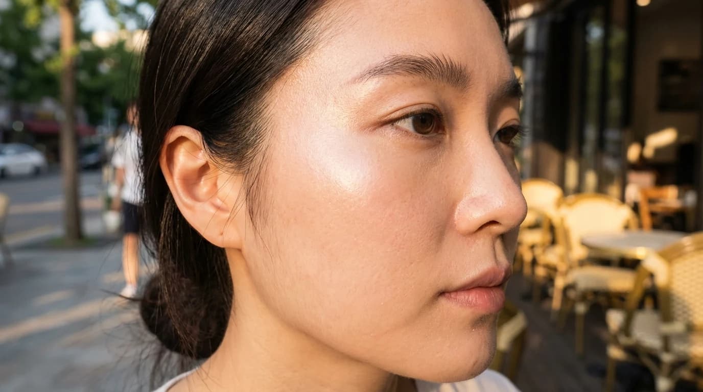 Soft glow placed on cheekbones and forehead for radiant skin makeup