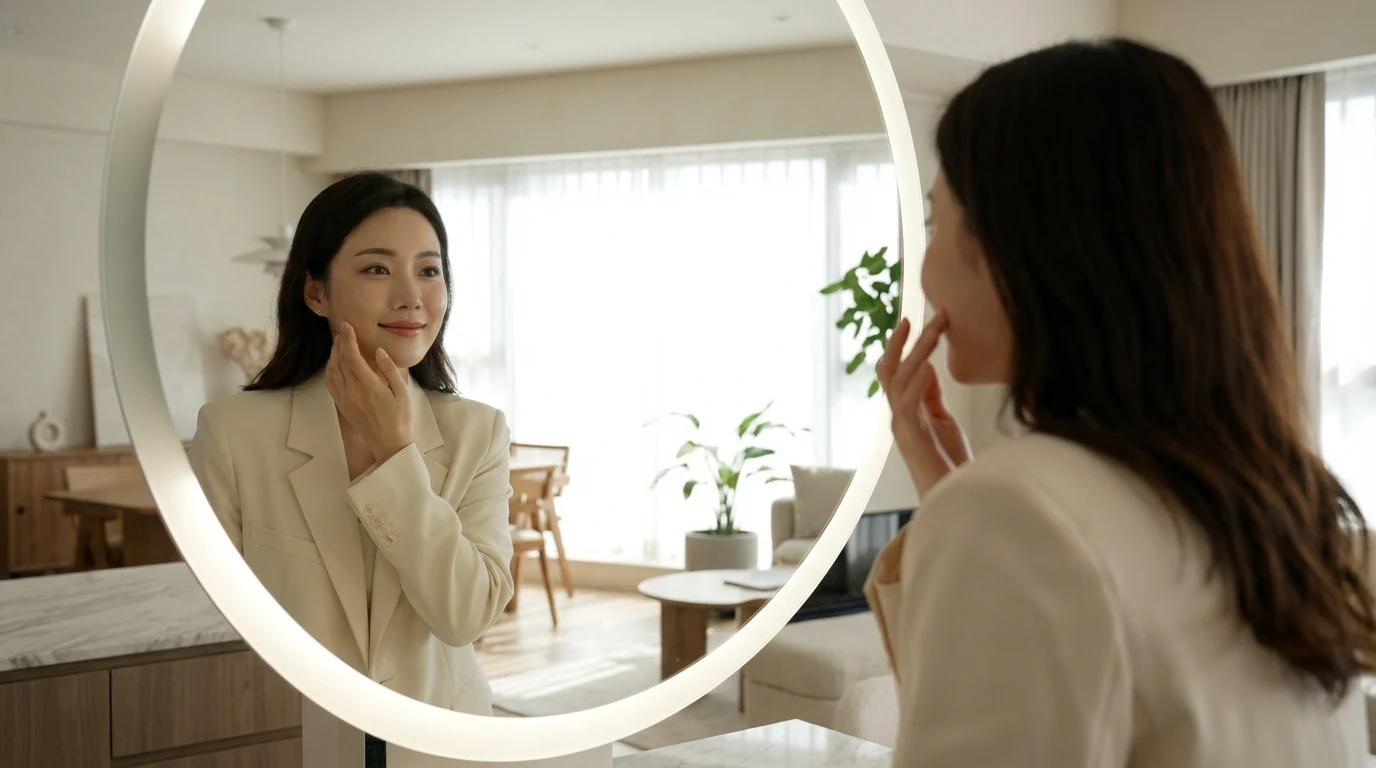 Checking clean winter hydration makeup in the mirror under soft indoor light