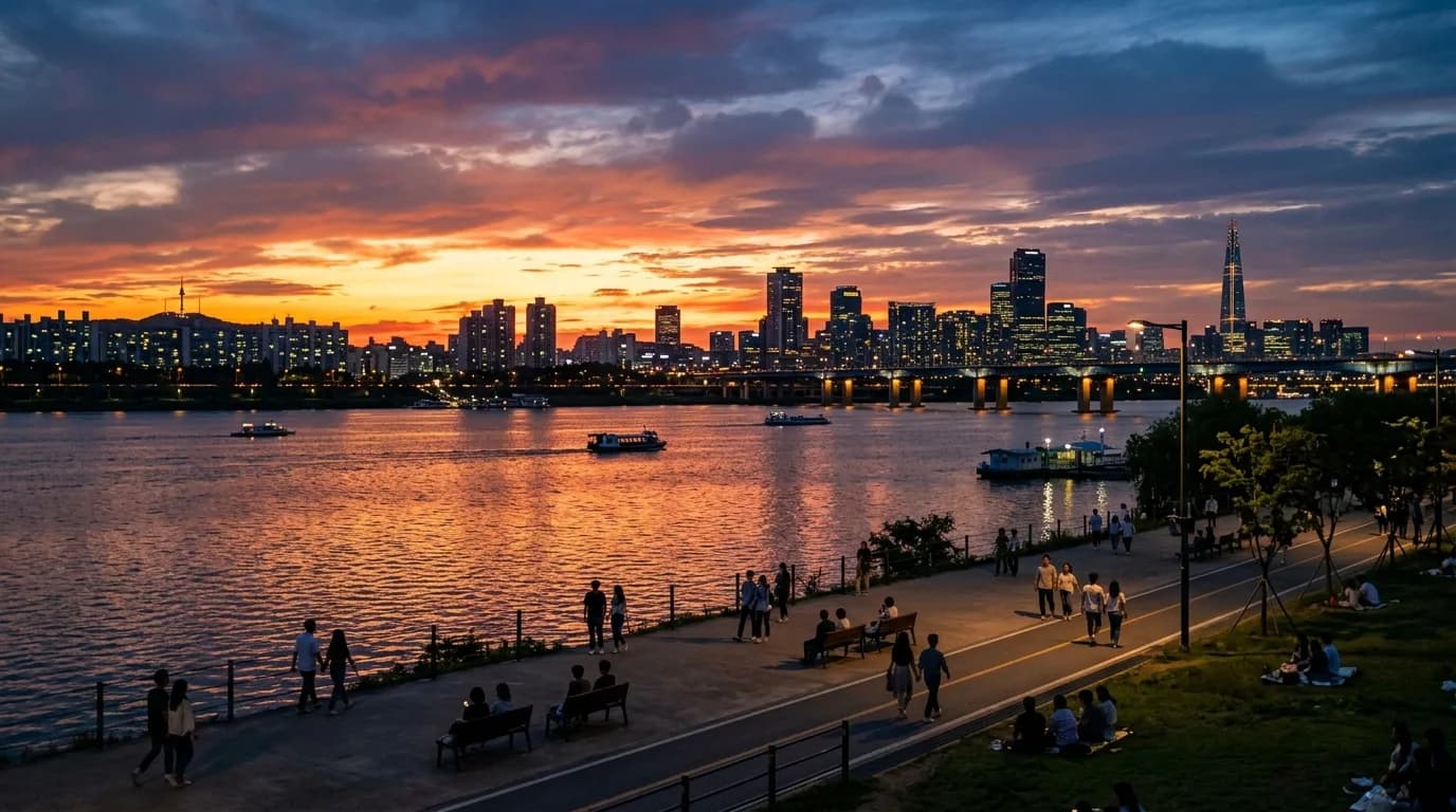 Sunset light over Yeouido Hangang Park with the Seoul skyline in view