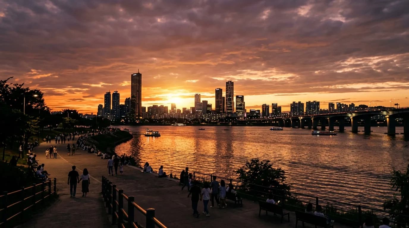 노을과 서울 스카이라인이 함께 보이는 여의도 한강공원 저녁 풍경