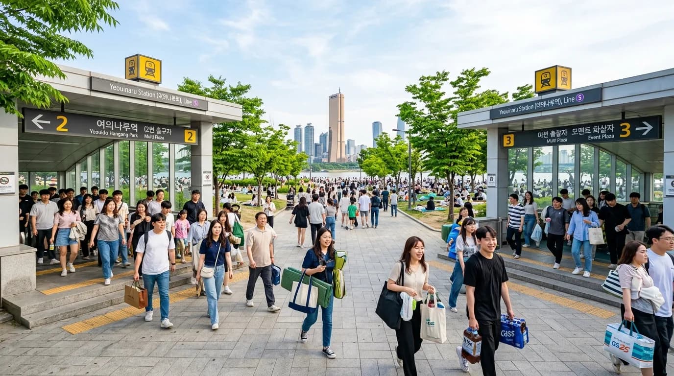 여의나루역 입구와 이어지는 여의도 한강공원 피크닉 시작 동선