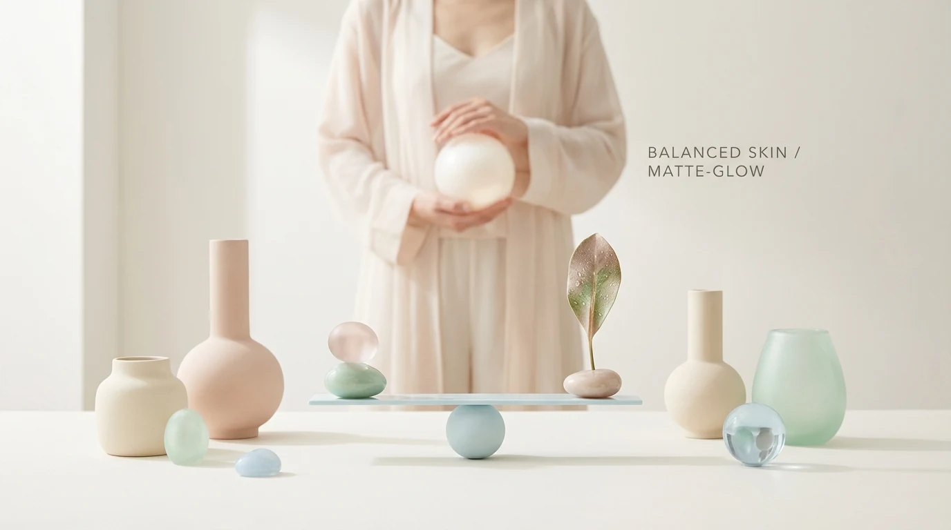 Balanced skin texture with soft glow and moisture control instead of an oily finish