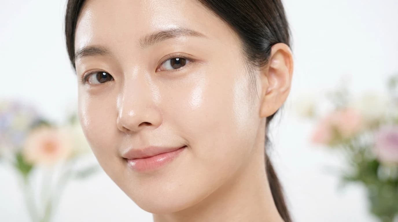 Korean woman with glass skin, smooth cheek texture, and a healthy skin barrier in soft natural light