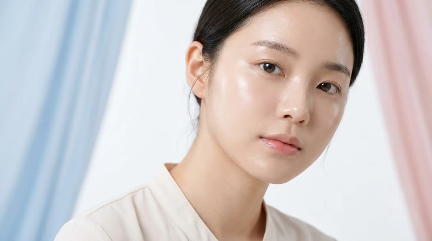 부드러운 자연광 아래 글래스 스킨처럼 매끈한 볼 피부 결이 보이는 한국 여성