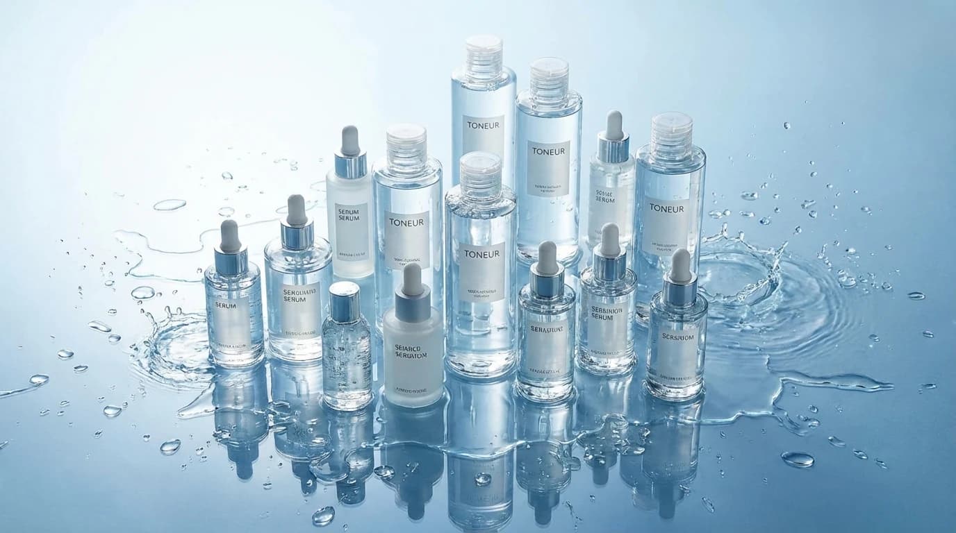 Hydration layering with clear toners and lightweight serums on a bright vanity