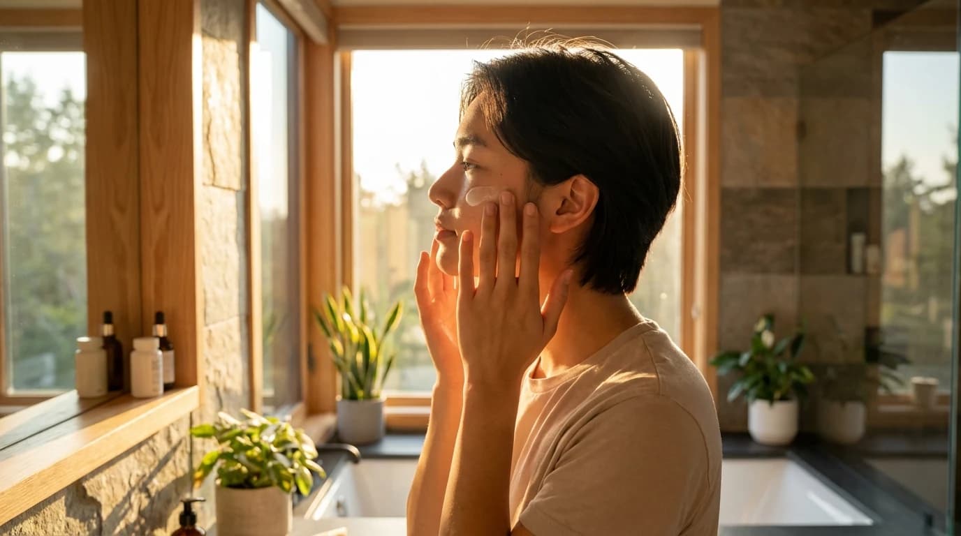 밝은 세면대 앞에서 세럼 뒤 선크림을 바르는 순서가 보이는 루틴 장면