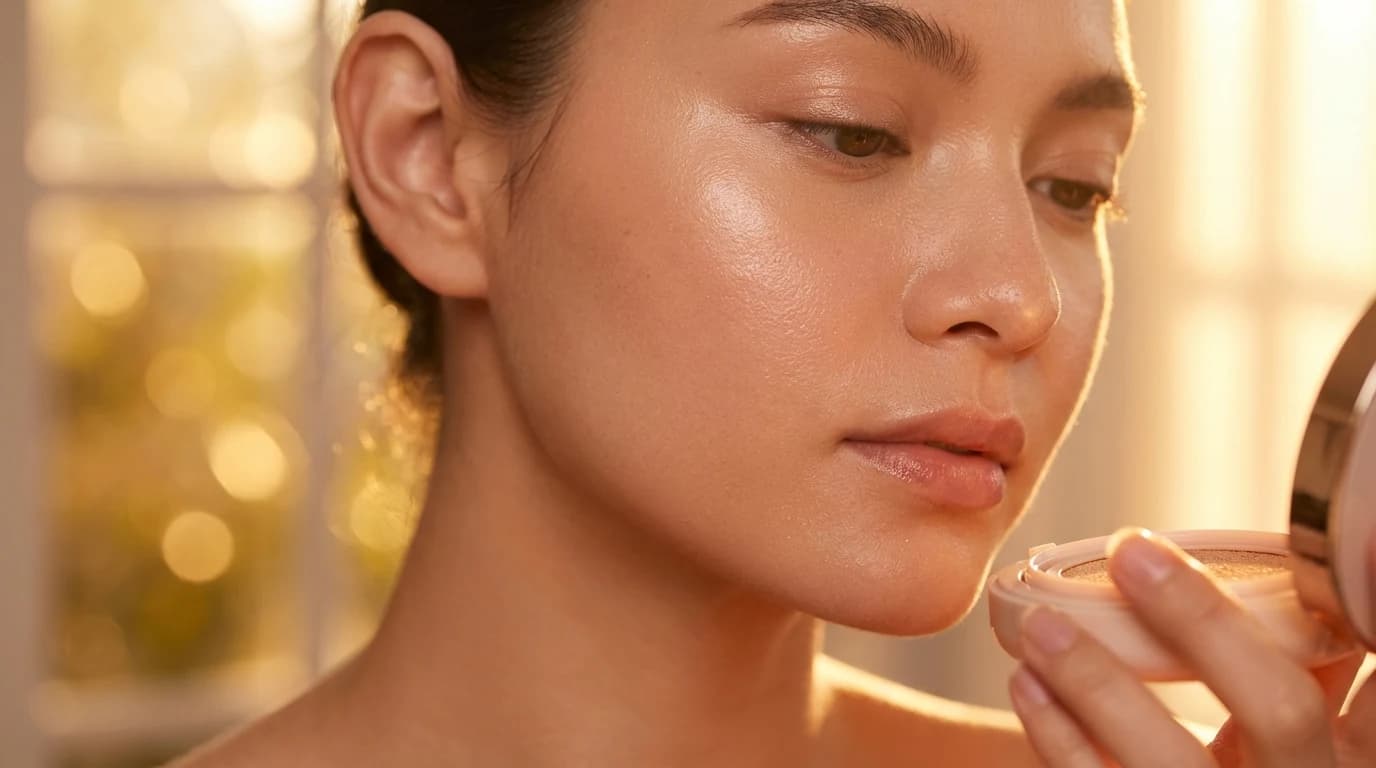 광채가 은은하게 남은 건성 피부용 쿠션 마감 클로즈업