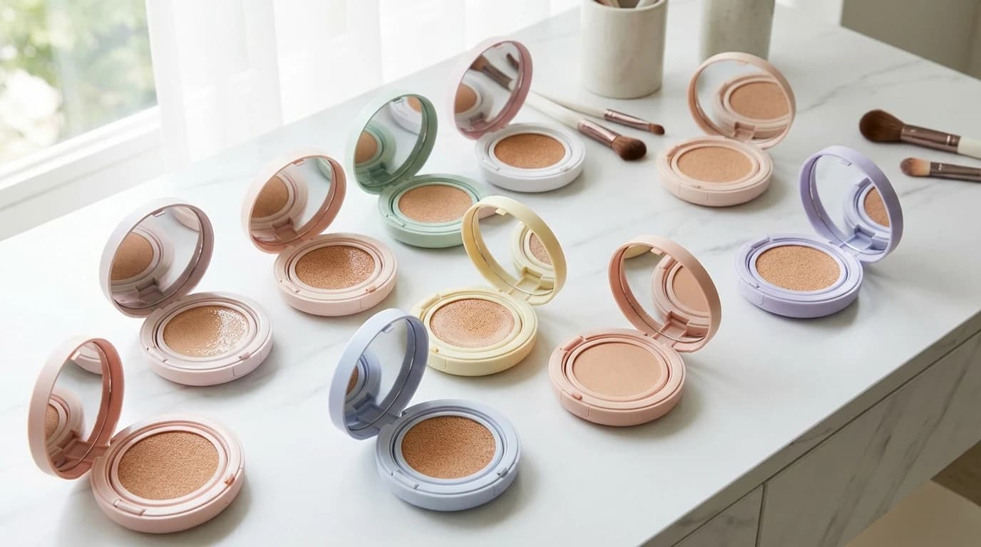 피부 타입별 쿠션 팩트를 펼쳐 놓고 비교하는 K-뷰티 베이스 선택 장면
