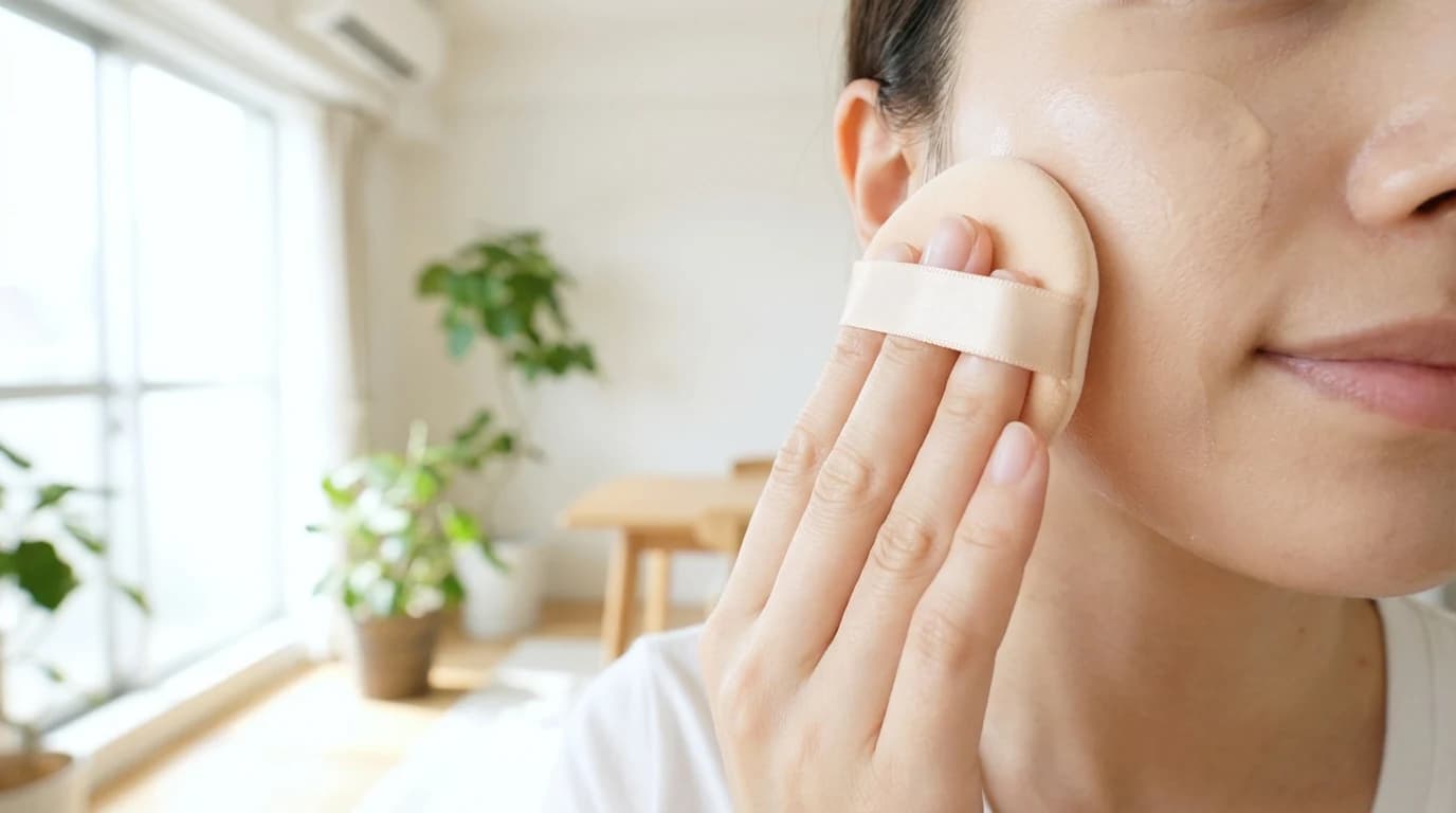 얇은 레이어로 쿠션을 두드려 오래가는 베이스를 만드는 장면