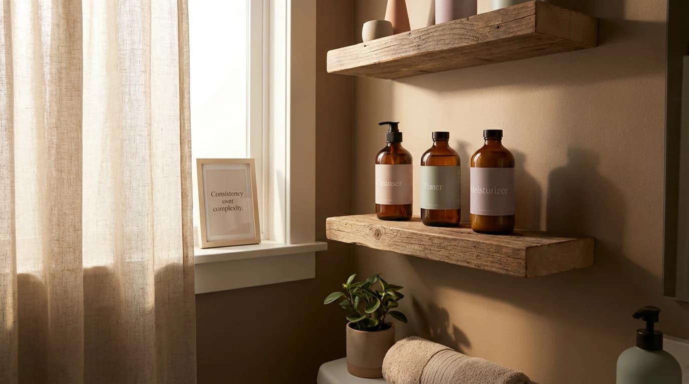 Three essential bottles on a wooden shelf in window light for a beginner moisture routine