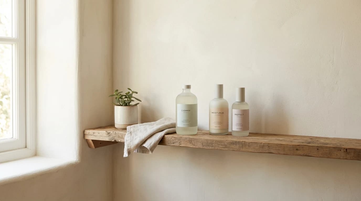 창가의 부드러운 빛 아래 나무 선반 위 세 병만 놓인 초보자 보습 루틴 구성