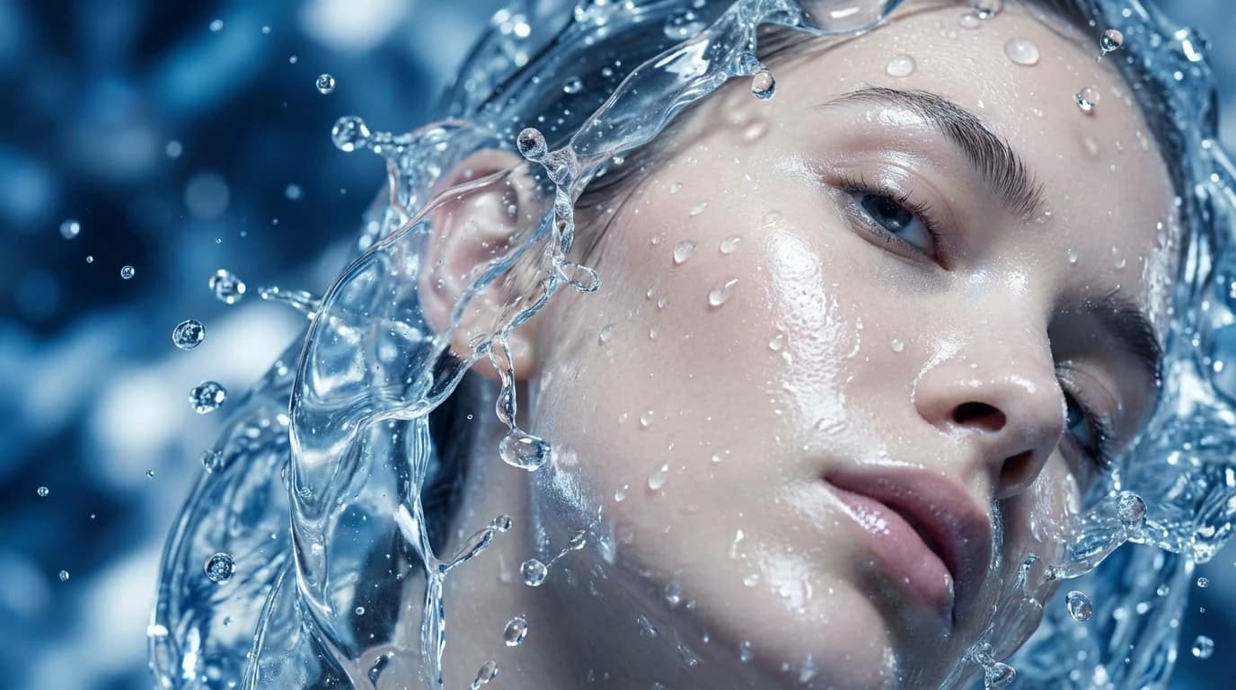 Cool water reflections and a thin hydrated glow layer across smooth Korean beauty skin texture