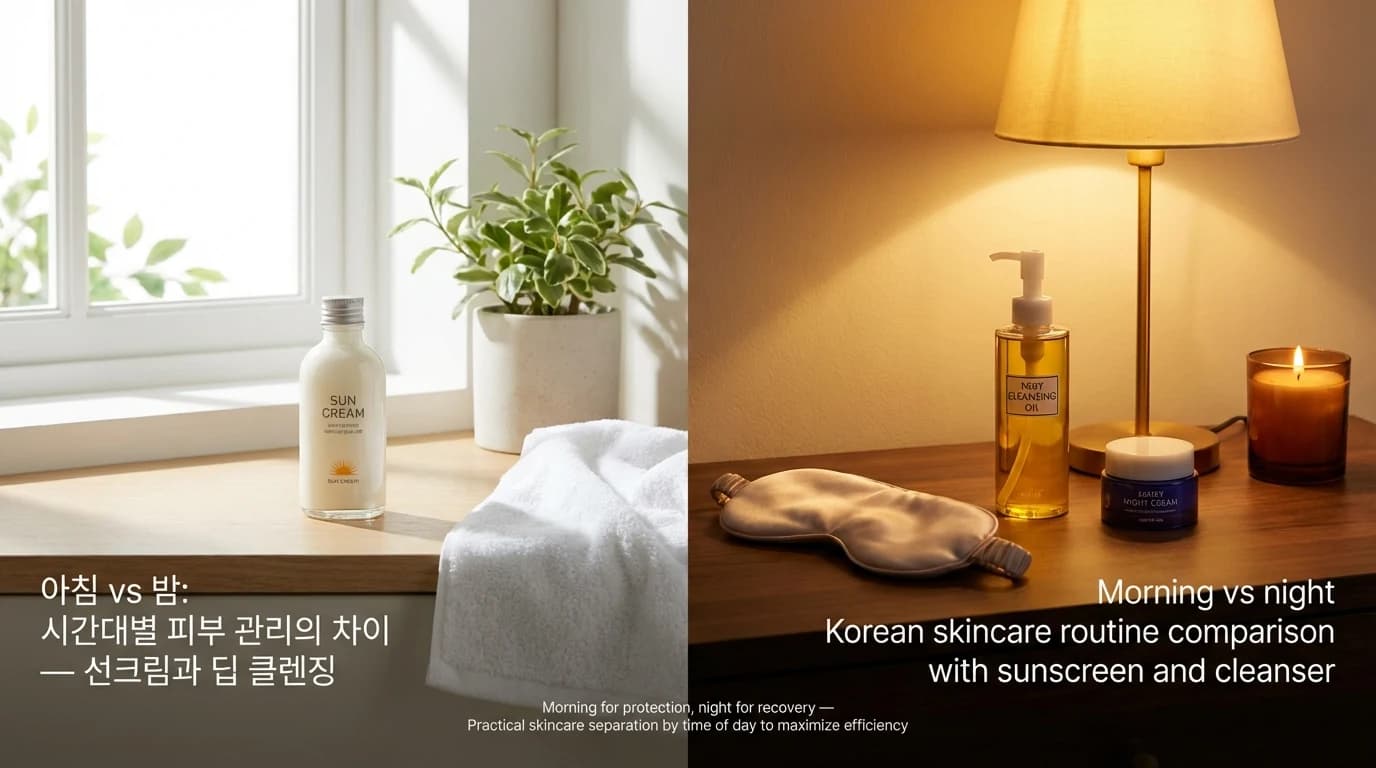 Split vanity scene with bright morning sunscreen and warm night cleansing oil for skincare step comparison